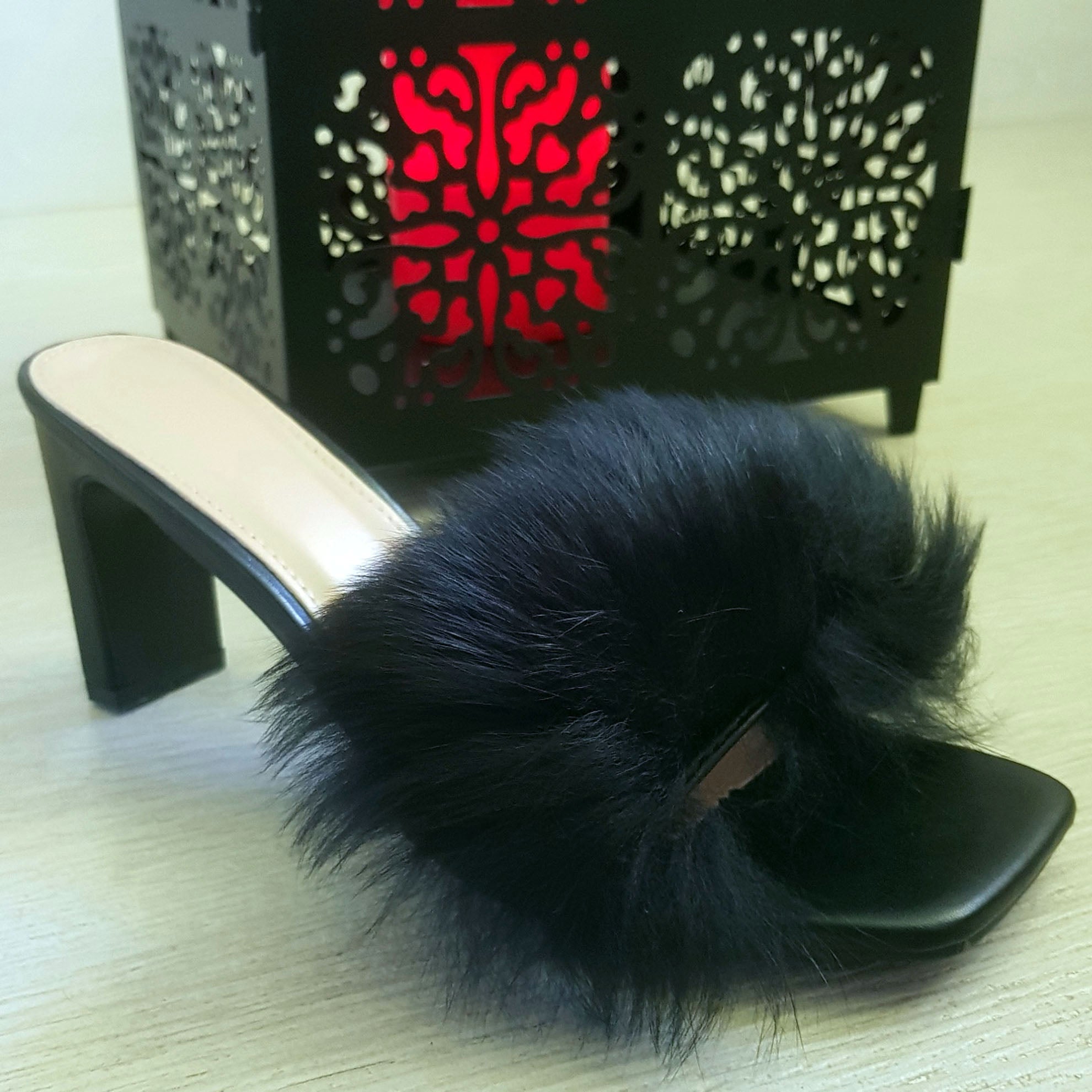 Mules plume petit talons rectangulaire noir modafab