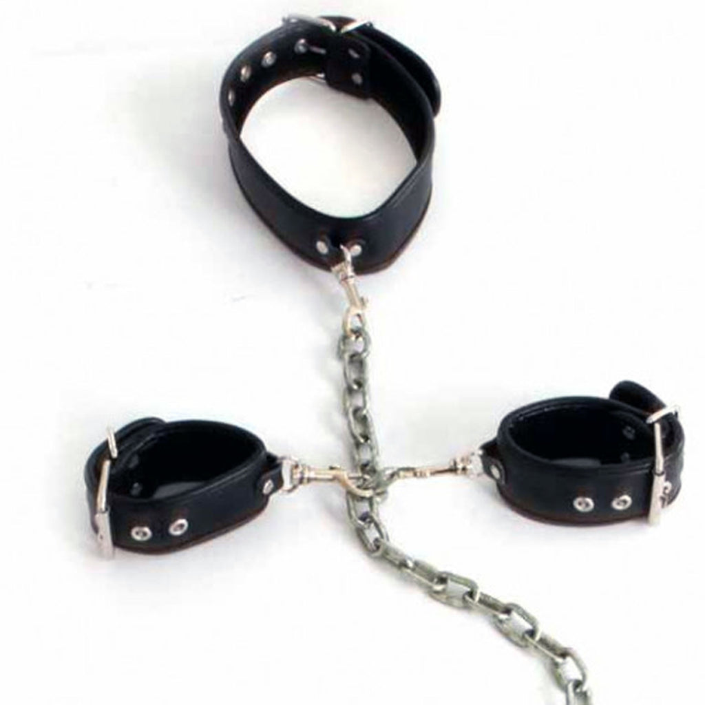 Chaîne collier menottes chevillères similicuir : noir