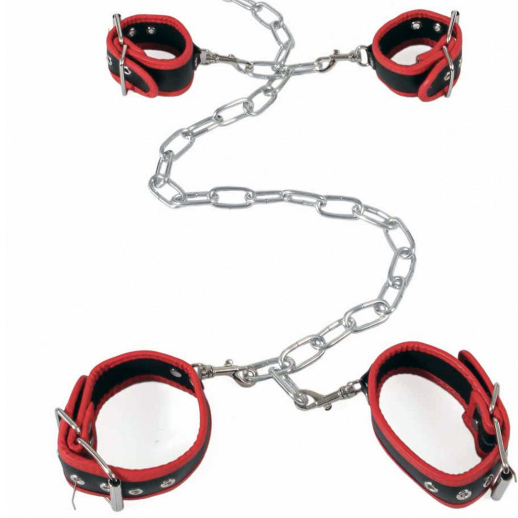 Chaîne collier menottes chevillères similicuir : noir / rouge